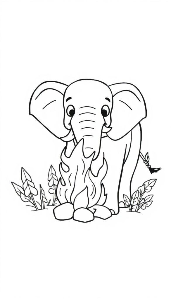 Malvorlage eines niedlichen Elefanten im Zeichentrickstil, der vor einem kleinen Lagerfeuer sitzt, umgeben von Büschen und Blättern.