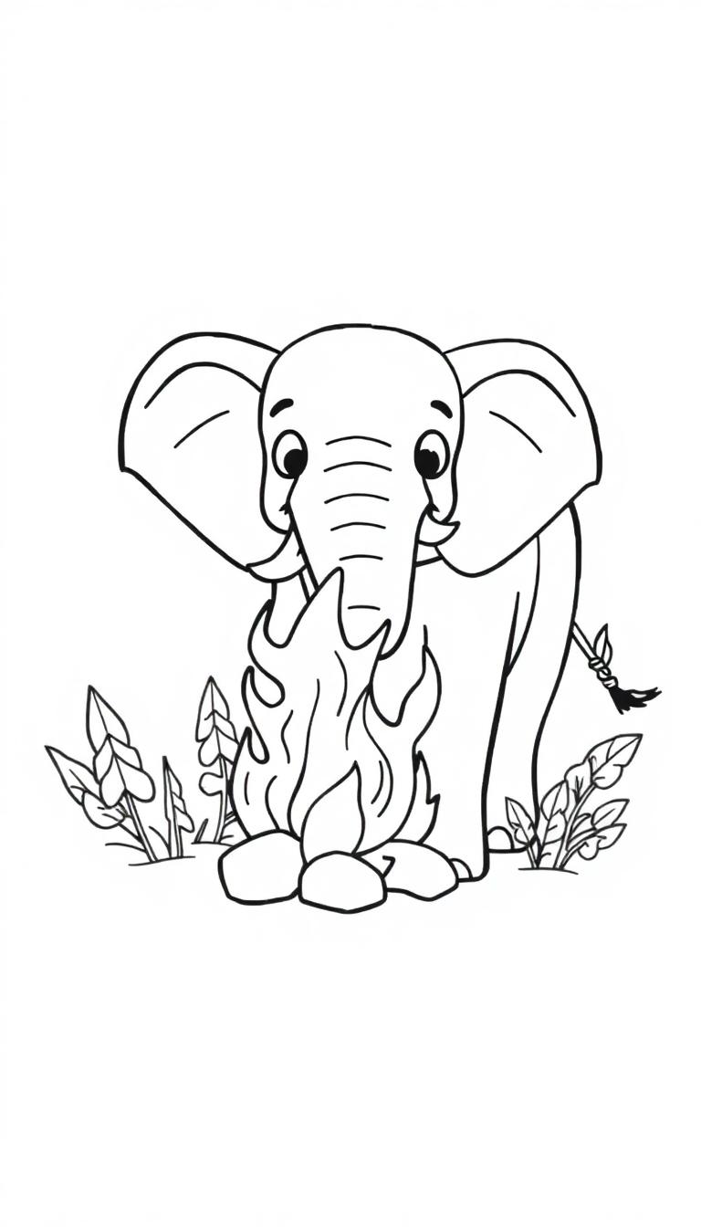 Malvorlage eines niedlichen Elefanten im Zeichentrickstil, der vor einem kleinen Lagerfeuer sitzt, umgeben von Büschen und Blättern.