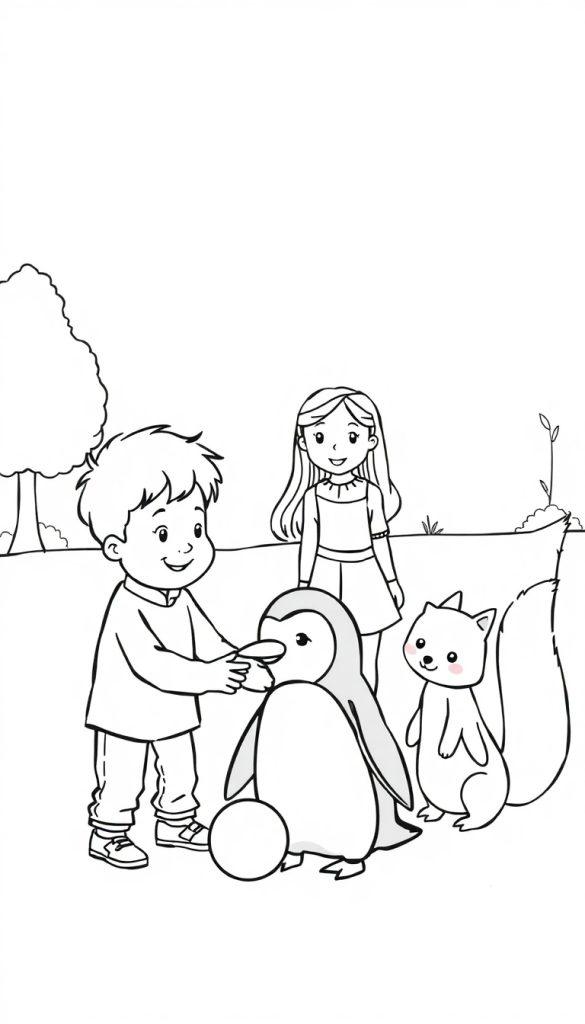 Ausmalbild einer Szene im Freien mit einem lächelnden Jungen, der sich zu einem Pinguin beugt, einem Mädchen hinter ihnen und einem Eichhörnchen rechts. Die Szene spielt auf Gras mit einem Baum im Hintergrund.