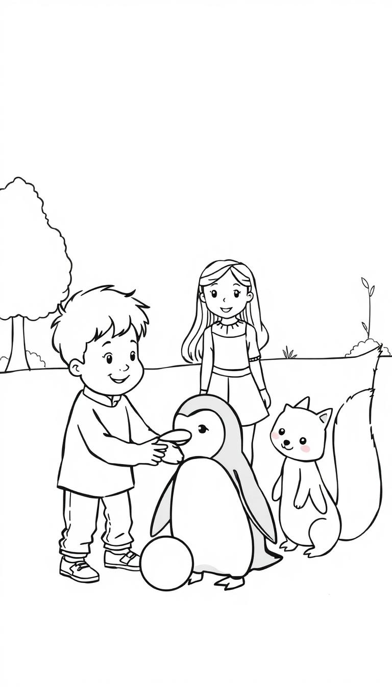 Ausmalbild einer Szene im Freien mit einem lächelnden Jungen, der sich zu einem Pinguin beugt, einem Mädchen hinter ihnen und einem Eichhörnchen rechts. Die Szene spielt auf Gras mit einem Baum im Hintergrund.