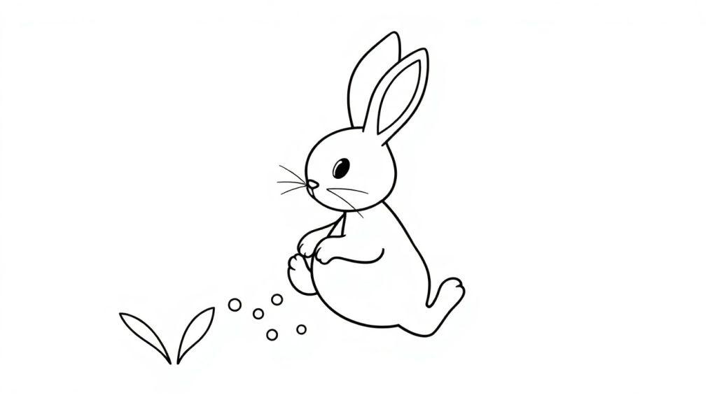 Einfache Schwarz-Weiß-Strichzeichnung eines niedlichen Kaninchens, das auf einem weißen Hintergrund sitzt, mit kleinen Kreisen und Blättern. Ausmalbild für Kinder.
