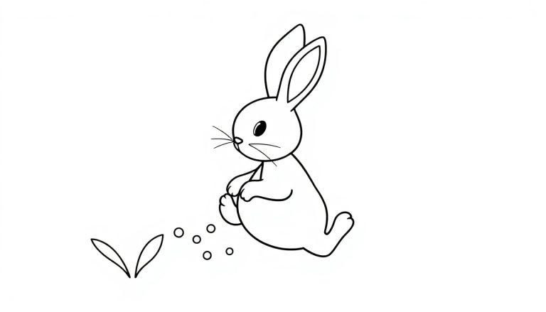 Einfache Schwarz-Weiß-Strichzeichnung eines niedlichen Kaninchens, das auf einem weißen Hintergrund sitzt, mit kleinen Kreisen und Blättern. Ausmalbild für Kinder.