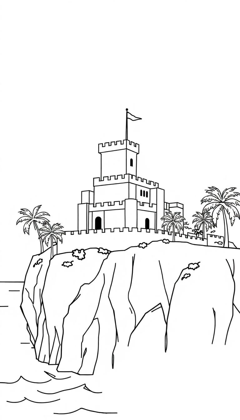 Schwarz-Weiß-Malvorlage einer beeindruckenden Burg auf einer felsigen Klippe mit Palmen, Büschen und Wellen am Meer.