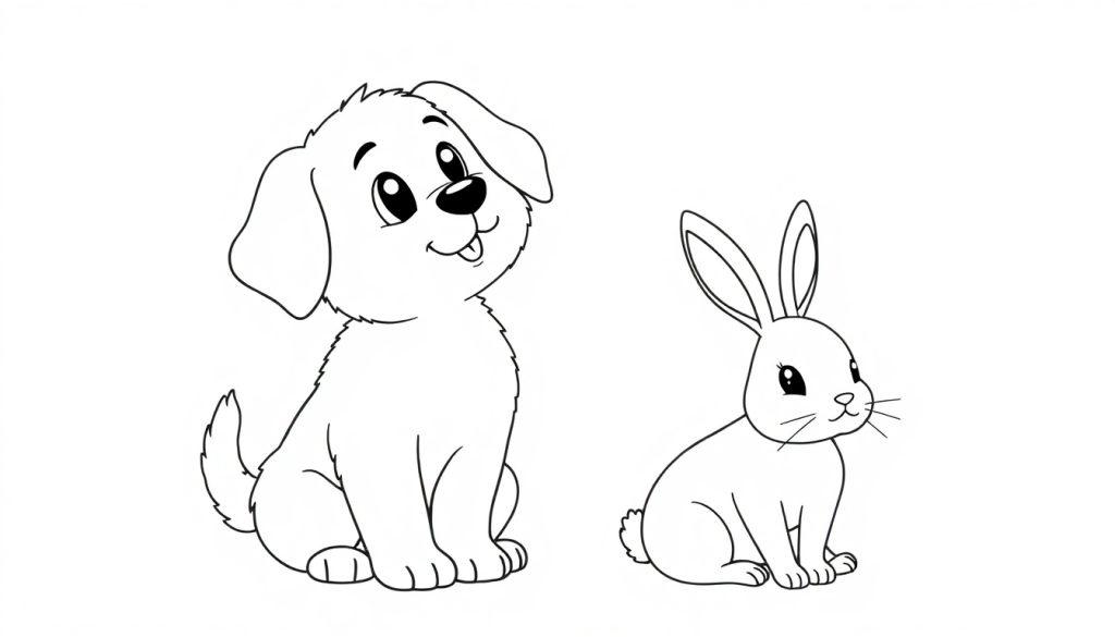 Schwarz-Weiß-Malvorlage von einem niedlichen Hundewelpen mit Schlappohren und einem kleinen Kaninchen mit langen Ohren, beide sitzen nebeneinander auf einem weißen Hintergrund.