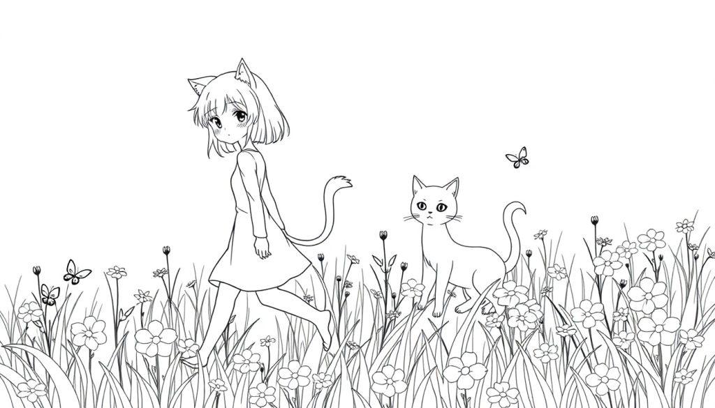 Anime-Malvorlage: Neko-Mädchen mit Katzenohren und Schwanz steht auf einer Blumenwiese neben einer Katze. Schmetterlinge fliegen über die Szene.