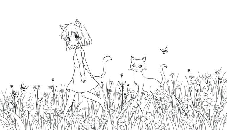 Anime-Malvorlage: Neko-Mädchen mit Katzenohren und Schwanz steht auf einer Blumenwiese neben einer Katze. Schmetterlinge fliegen über die Szene.