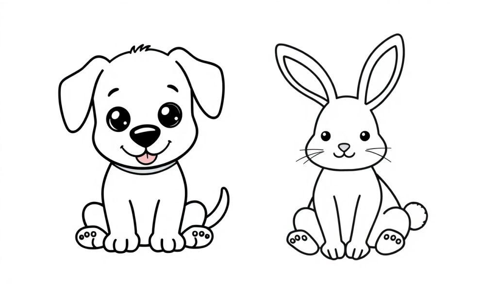 Ausmalseite mit einem niedlichen Hund auf der linken Seite und einem niedlichen Kaninchen auf der rechten Seite, beide sitzend auf einem weißen Hintergrund.