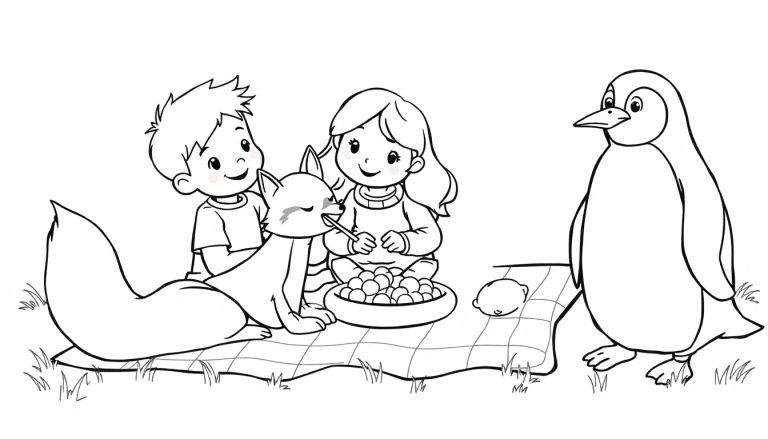 Malvorlage einer Picknick-Szene mit einem Jungen, einem Mädchen, einem Fuchs, der Früchte isst, und einem Pinguin.