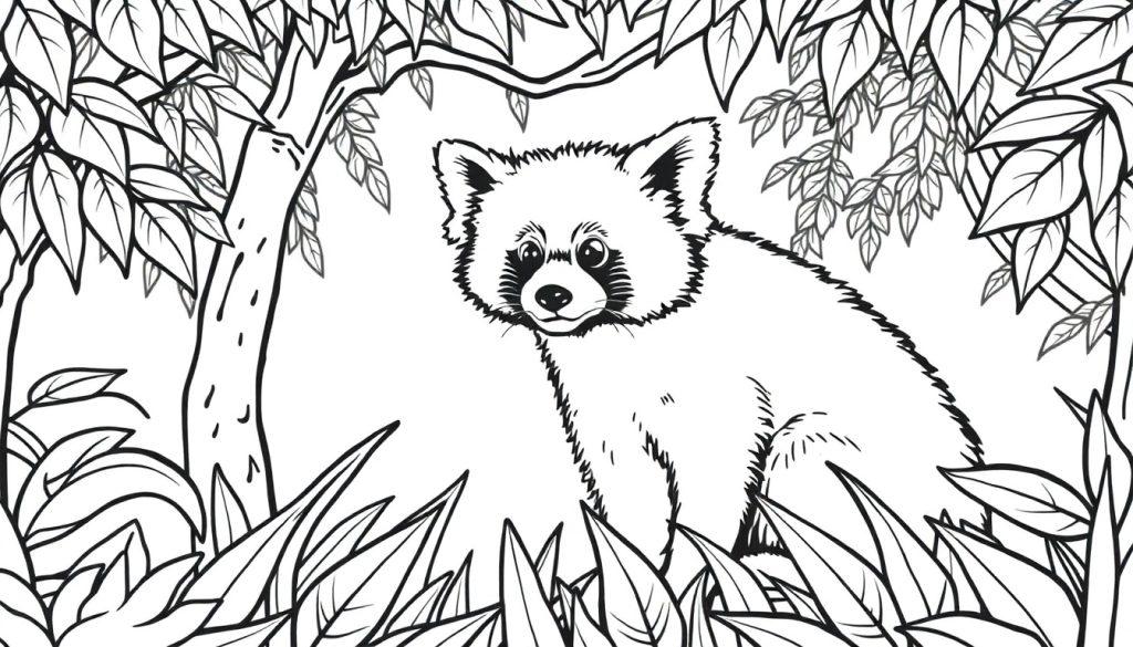 Schwarz-Weiß-Linienzeichnung eines niedlichen Roten Pandas, der in einem dichten Dschungel mit vielen Blättern und Bäumen sitzt. Die Zeichnung ist im Stil einer Malvorlage gehalten.