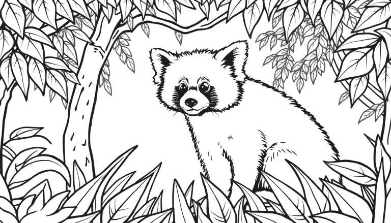 Schwarz-Weiß-Linienzeichnung eines niedlichen Roten Pandas, der in einem dichten Dschungel mit vielen Blättern und Bäumen sitzt. Die Zeichnung ist im Stil einer Malvorlage gehalten.