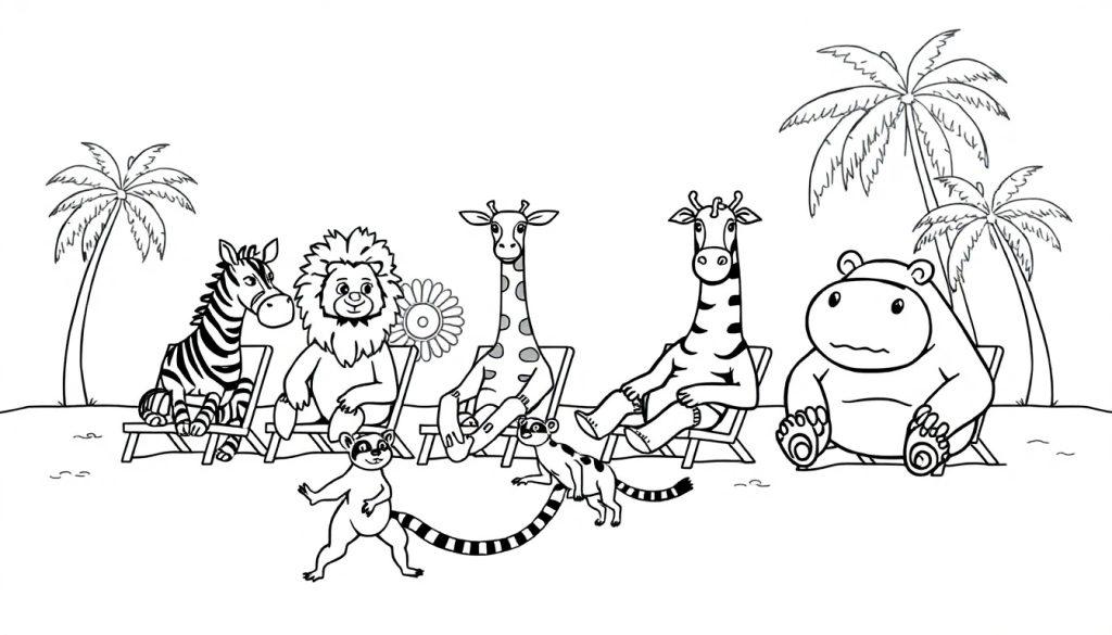 Ausmalbild mit Tieren am Strand: Zebra, Löwe, Giraffen und Nilpferd in Liegestühlen unter Palmen, Lemuren im Vordergrund.