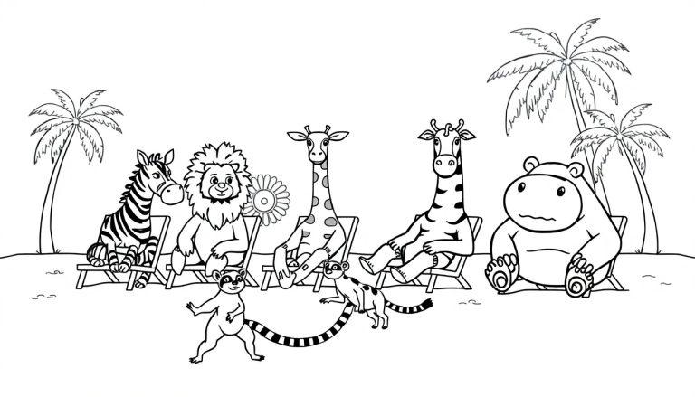 Ausmalbild mit Tieren am Strand: Zebra, Löwe, Giraffen und Nilpferd in Liegestühlen unter Palmen, Lemuren im Vordergrund.