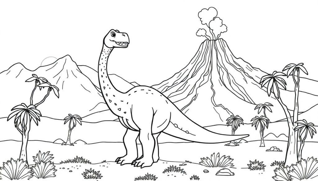Schwarz-Weiß-Ausmalbild eines freundlichen Dinosauriers mit langem Hals, der in einer prähistorischen Landschaft steht. Im Hintergrund ist ein Vulkan mit aufsteigendem Rauch zu sehen, umgeben von Bergen und Palmen.