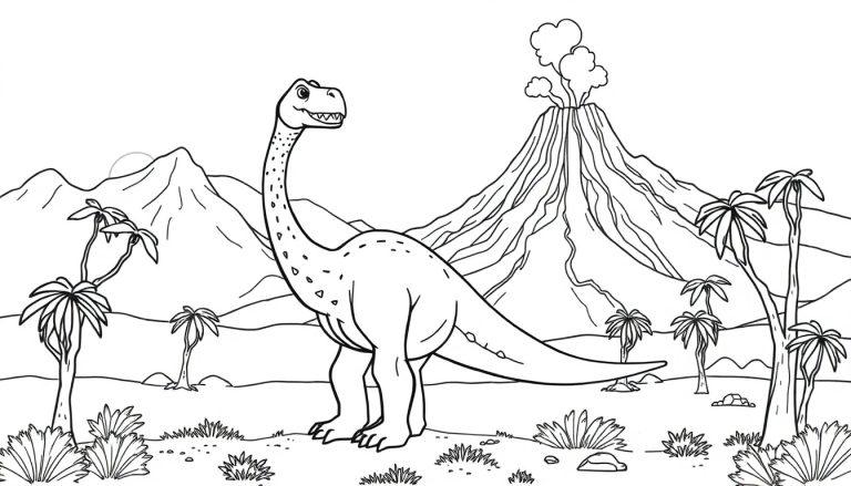 Schwarz-Weiß-Ausmalbild eines freundlichen Dinosauriers mit langem Hals, der in einer prähistorischen Landschaft steht. Im Hintergrund ist ein Vulkan mit aufsteigendem Rauch zu sehen, umgeben von Bergen und Palmen.