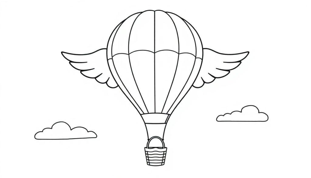 Schwarz-weiße Umrisszeichnung eines Heißluftballons mit Flügeln über Wolken, bereit zum Ausmalen.