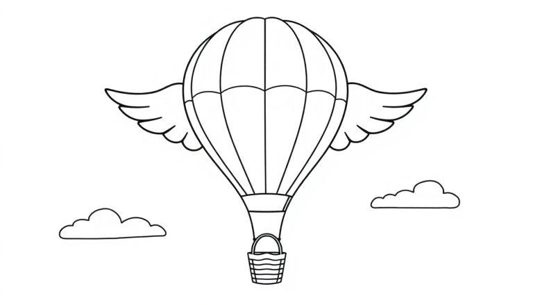 Schwarz-weiße Umrisszeichnung eines Heißluftballons mit Flügeln über Wolken, bereit zum Ausmalen.