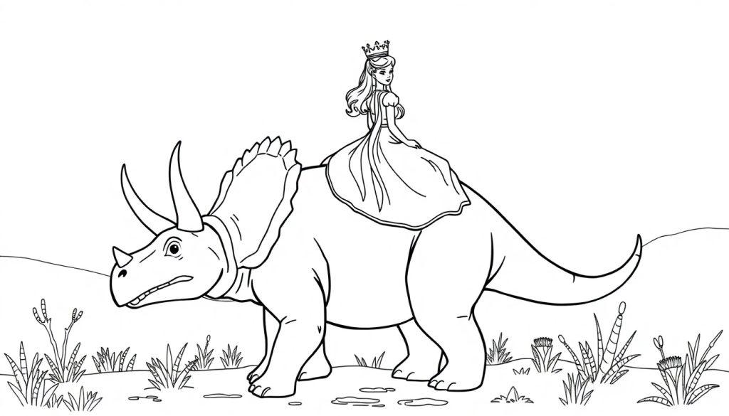 Schwarz-Weiß-Ausmalbild einer Prinzessin mit Krone und Kleid, die auf dem Rücken eines Triceratops-Dinosauriers sitzt. Sie blickt lächelnd nach hinten, während der Dinosaurier nach links schaut. Der Hintergrund zeigt eine einfache Landschaft mit Gras und Pflanzen.