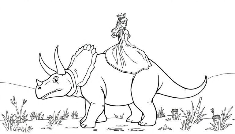 Schwarz-Weiß-Ausmalbild einer Prinzessin mit Krone und Kleid, die auf dem Rücken eines Triceratops-Dinosauriers sitzt. Sie blickt lächelnd nach hinten, während der Dinosaurier nach links schaut. Der Hintergrund zeigt eine einfache Landschaft mit Gras und Pflanzen.