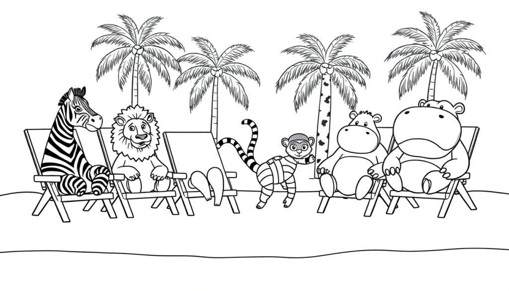 Ausmalbild einer Strandlandschaft mit Palmen und fünf Tieren (Zebra, Löwe, Affe, Nilpferd) auf Liegestühlen.