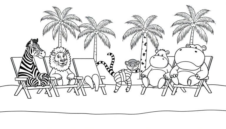 Ausmalbild einer Strandlandschaft mit Palmen und fünf Tieren (Zebra, Löwe, Affe, Nilpferd) auf Liegestühlen.