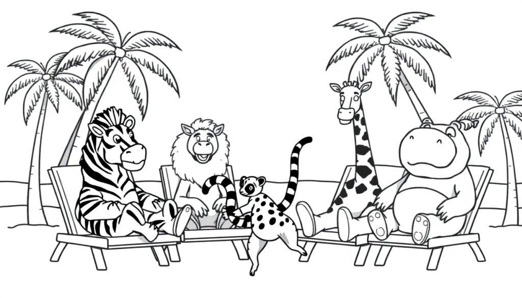 Schwarz-Weiß-Ausmalbild von Zootieren am Strand: Ein Zebra auf einem Liegestuhl, ein lachender Löwe, ein tanzender Lemur mit geringeltem Schwanz, eine lächelnde Giraffe und ein entspanntes Nilpferd unter Palmen.