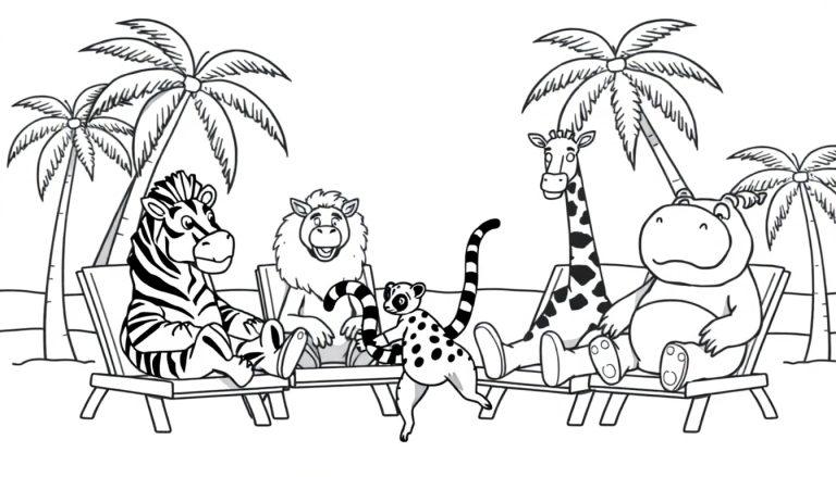 Schwarz-Weiß-Ausmalbild von Zootieren am Strand: Ein Zebra auf einem Liegestuhl, ein lachender Löwe, ein tanzender Lemur mit geringeltem Schwanz, eine lächelnde Giraffe und ein entspanntes Nilpferd unter Palmen.