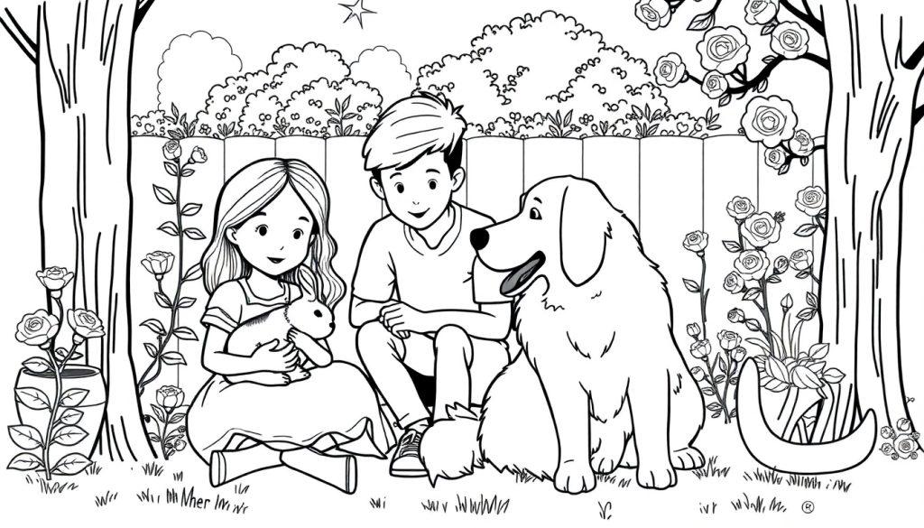 Ausmalbild mit zwei Kindern (Mädchen mit Hase, Junge) und einem Hund im Gras, umgeben von Rosen, Bäumen und einem Zaun.