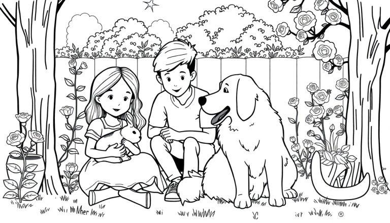 Ausmalbild mit zwei Kindern (Mädchen mit Hase, Junge) und einem Hund im Gras, umgeben von Rosen, Bäumen und einem Zaun.