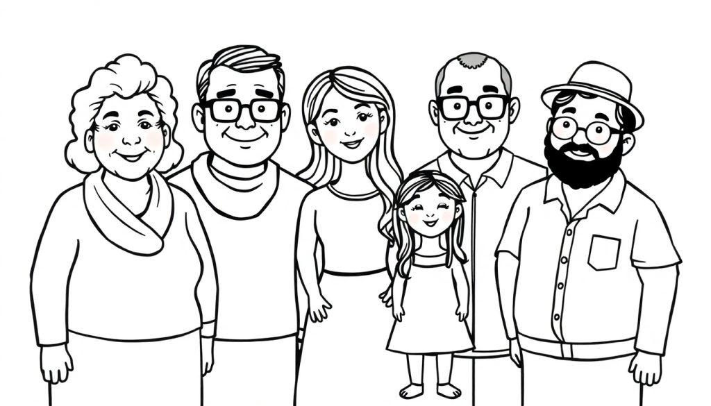 Ausmalbild einer fröhlichen Familiengruppe von sechs lächelnden Personen, darunter ältere Damen und Herren, Männer mittleren Alters, eine junge Frau und ein kleines Mädchen.