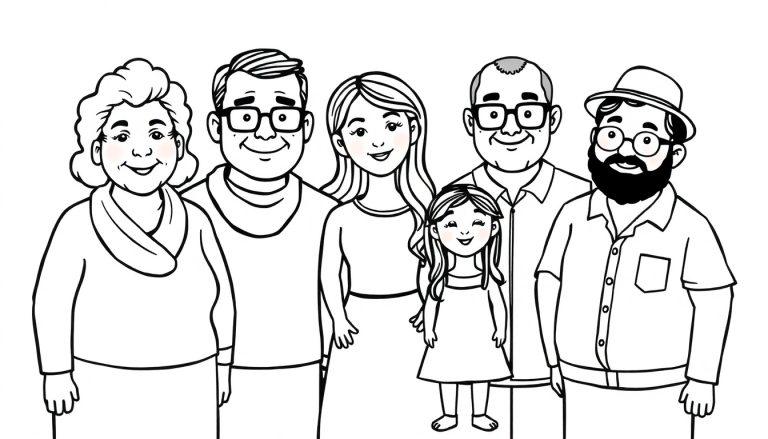 Ausmalbild einer fröhlichen Familiengruppe von sechs lächelnden Personen, darunter ältere Damen und Herren, Männer mittleren Alters, eine junge Frau und ein kleines Mädchen.