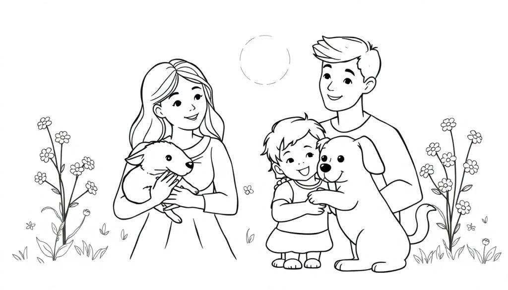 Ausmalbild einer glücklichen Familie mit einem Welpen/Kaninchen und einem Hund in einer blühenden Wiese, Sonne am Himmel.