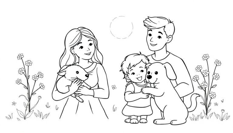 Ausmalbild einer glücklichen Familie mit einem Welpen/Kaninchen und einem Hund in einer blühenden Wiese, Sonne am Himmel.