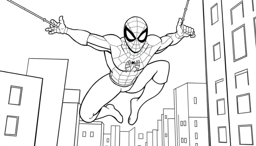 Ausmalbild von Spiderman, der sich mit Spinnenfäden über einer Skyline von Wolkenkratzern schwingt. Das Bild zeigt Spidermans Kostüm mit dem Spinnennetz-Muster und dem Brustsymbol.