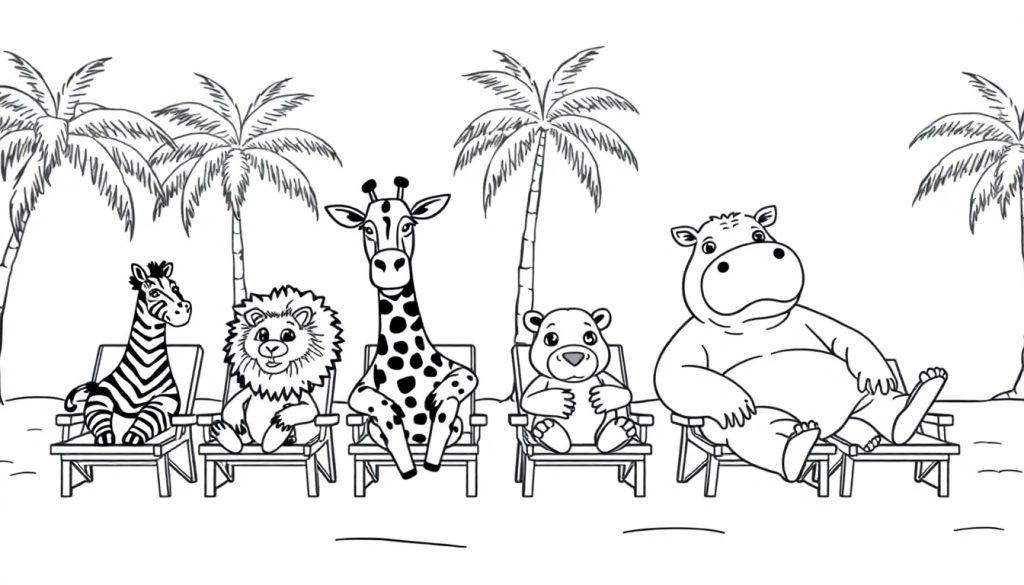 Ausmalbild: Zebra, Löwe, Giraffe, Bär und Nilpferd entspannen sich auf Liegestühlen am Strand, umgeben von Palmen.
