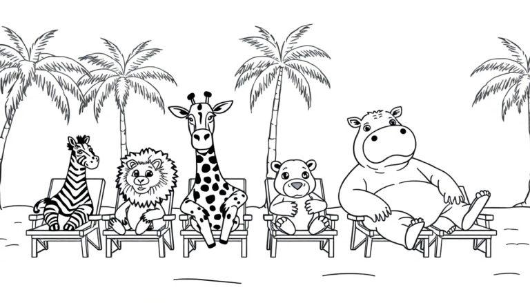Ausmalbild: Zebra, Löwe, Giraffe, Bär und Nilpferd entspannen sich auf Liegestühlen am Strand, umgeben von Palmen.