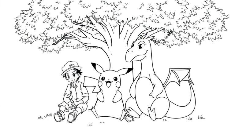 Ausmalbild von Ash Ketchum, Pikachu und Glurak, die unter einem großen Baum im Freien sitzen.