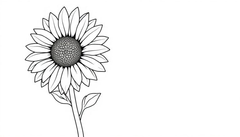 Schwarz-Weiß-Ausmalbild einer detaillierten Sonnenblume mit Blütenblättern, Blütenmitte und Stiel auf leerem Hintergrund.