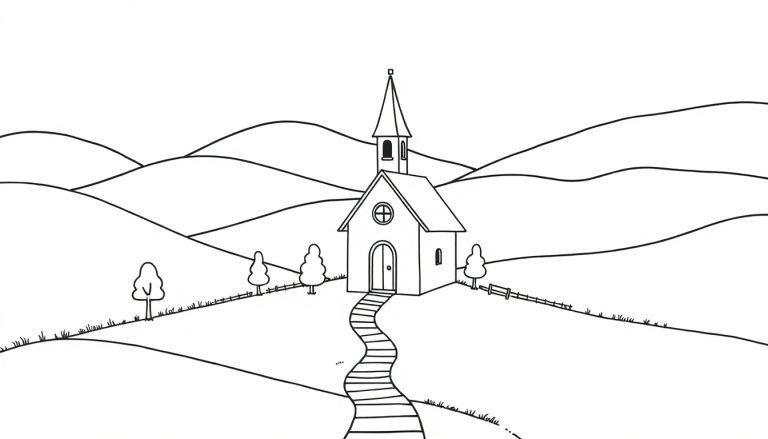 Schwarz-weiße Ausmalvorlage einer stilisierten Kirche auf einem Hügel mit Bäumen, einem Weg und hügeliger Landschaft im Hintergrund.