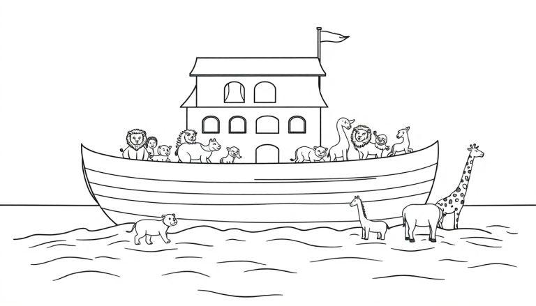 Ausmalbild von Noahs Arche mit vielen Tieren wie Löwen, Nashorn, Schwein, Faultier, Reh, Dinosaurier, Bär, Giraffe und Nilpferd/Elefant. Noahs Arche ist ein zweistöckiges Holzschiff auf Wellen.